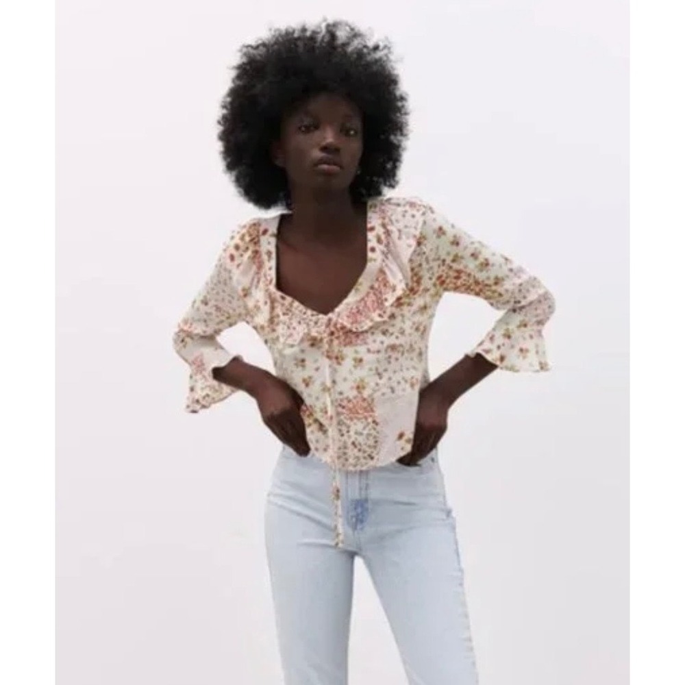 Zara Women's Patchwork Print Ruffle Shirt White Red Rose & Cherry Print Coquette